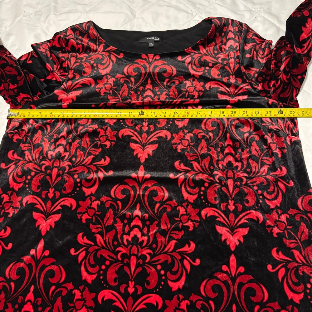 Studio One 22W Velvet Burnout Dress Red Black Whimsigoth Damask Bell‎ Sleeve - Picture 12 of 15